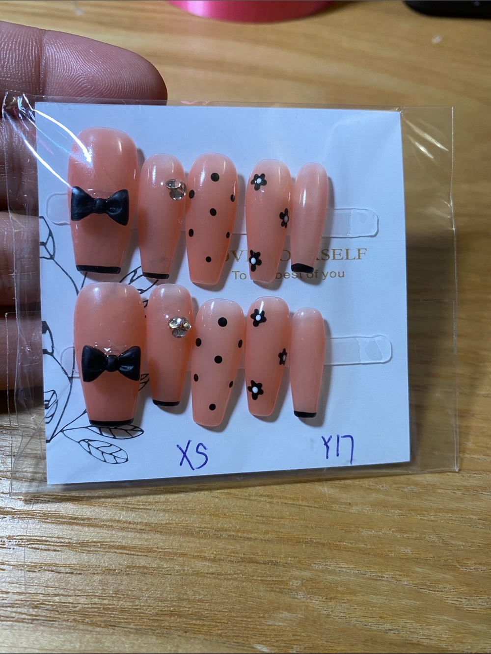 Peach Nude Press-On Nails with Black Bows & Dots